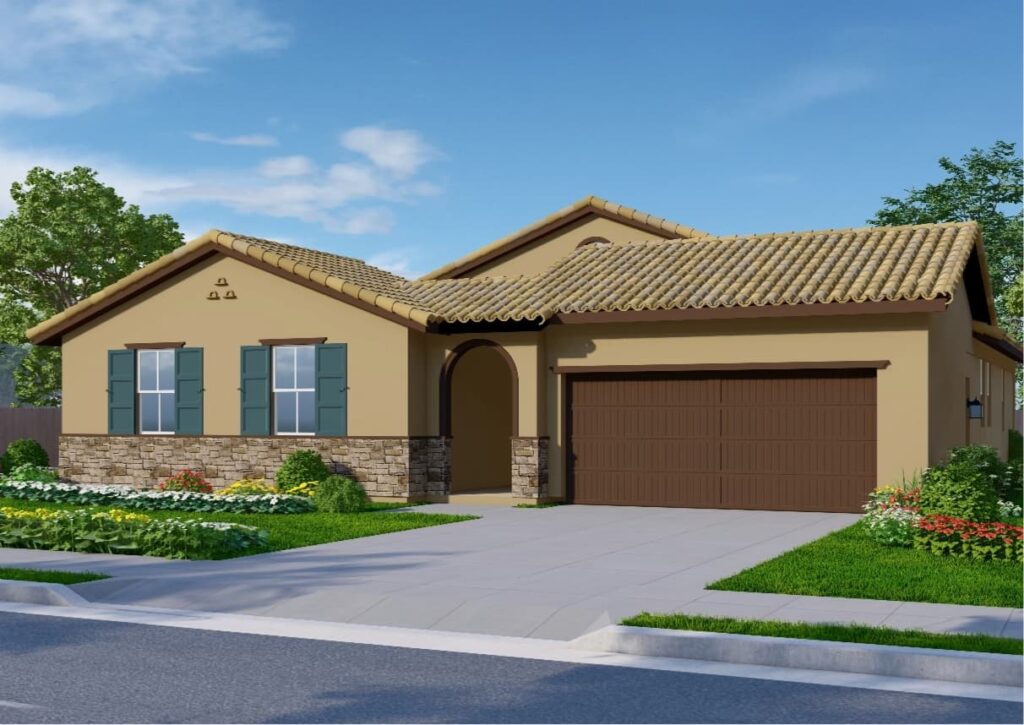 A single-story home designed in a Tuscan architectural style. The exterior features warm, beige color with brown accents. The roof has classic tiles and arched entryways that emphasize the Mediterranean-inspired design. The house includes teal shutters around the windows, and stone accents run along the lower half of the exterior.