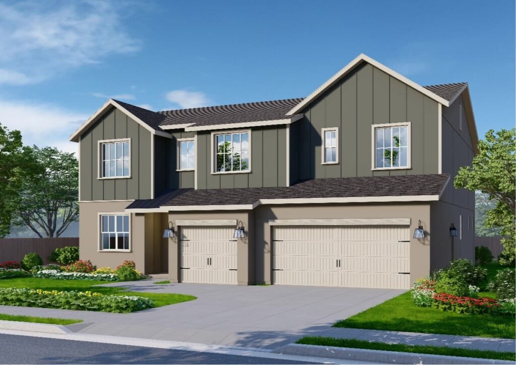 The Farmhouse elevation presents a fresh light gray exterior with crisp white trim. Dark gray paneling accents the walls on the upper floor. The garage doors are white, featuring paneling and rustic accents that enhance the farmhouse aesthetic. This elevation also includes both a single and a double garage door.