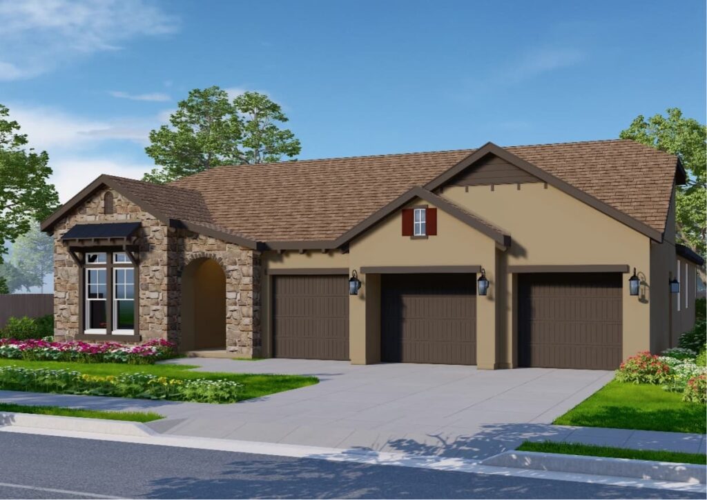 A one-story home with a cottage-style exterior featuring warm beige walls. The front entryway has an arched doorway and a large front window, accented by a small roof overhang and rustic stone accents. The three-car garage includes three separate paneled doors in a darker brown tone, along with darker trim that contrasts with the warm walls.