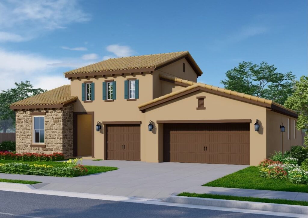 This one-story Tuscan-style home has warm beige walls and a light tiled roof. The three upper windows feature teal shutters. The large front window is framed by stonework. The garage consists of two doors: a single garage door and a double garage door.