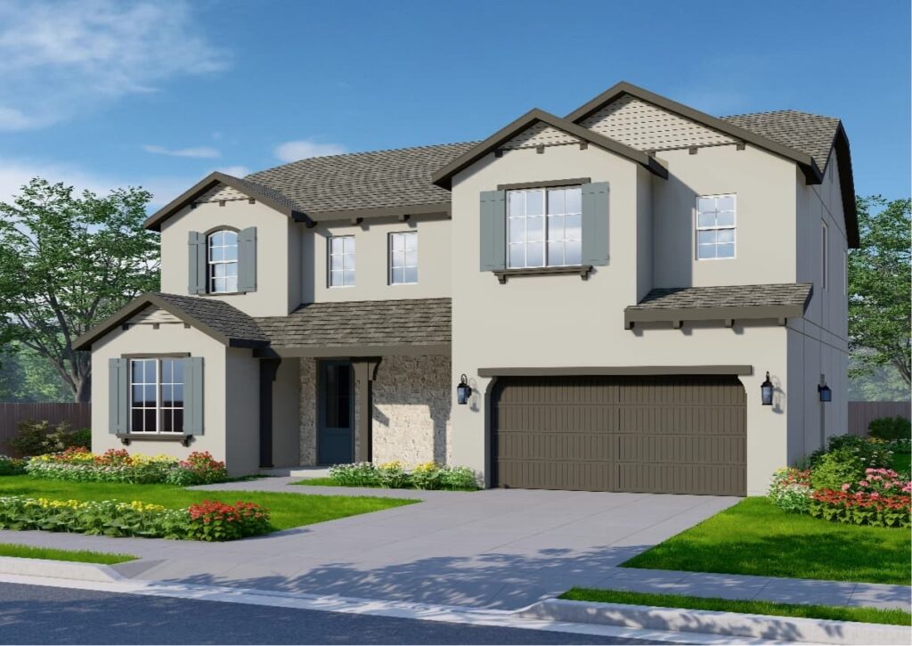 The Cottage elevation features a creamy gray exterior complemented by rich brown trim. This design showcases horizontal siding and a cream-colored brick accents. The large front windows are framed by muted slate shutters. The two-car garage features a dark paneled door.